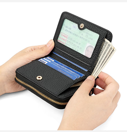 Black Compact RFID Genuine Leather Wallet for Women - Secure Zipper Card Holder & Coin Purse