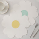 White Background With Yellow Heart + Blue Heart Set of 6 Reversible Flower Shaped Placemats - Waterproof PU Leather Dining Table Mats