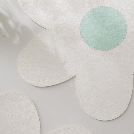 White Background With Yellow Heart + Blue Heart Set of 6 Reversible Flower Shaped Placemats - Waterproof PU Leather Dining Table Mats