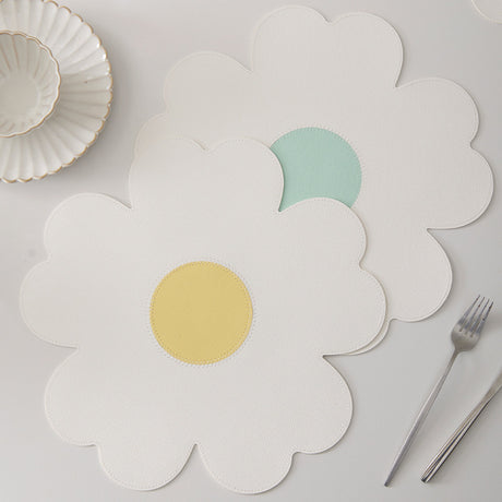 Blue Background With White Heart + Blue Background Set of 6 Reversible Flower Shaped Placemats - Waterproof PU Leather Dining Table Mats