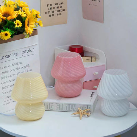 Yellow Retro Swirl Glass Mushroom Table Lamp - USB Powered 3-Level Dimmable Bedside Accent Light