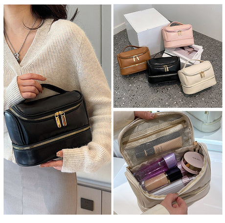 Black Large Capacity Double Layer PU Leather Makeup Bag - Portable Travel Cosmetic Organizer Case