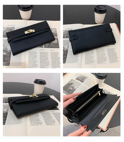 Black Elegant Women's Turn Lock Long Wallet - Black PU Leather Clutch Purse with Card Slots & Zipper Pocket