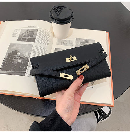 Orange Elegant Women's Turn Lock Long Wallet - Black PU Leather Clutch Purse with Card Slots & Zipper Pocket