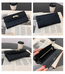Grey Elegant Women's Turn Lock Long Wallet - Black PU Leather Clutch Purse with Card Slots & Zipper Pocket