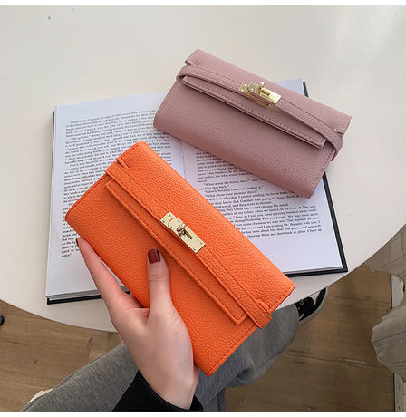 Grey Elegant Women's Turn Lock Long Wallet - Black PU Leather Clutch Purse with Card Slots & Zipper Pocket