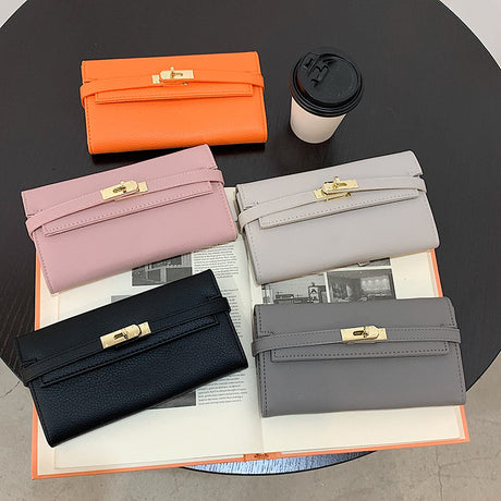 Pink Elegant Women's Turn Lock Long Wallet - Black PU Leather Clutch Purse with Card Slots & Zipper Pocket
