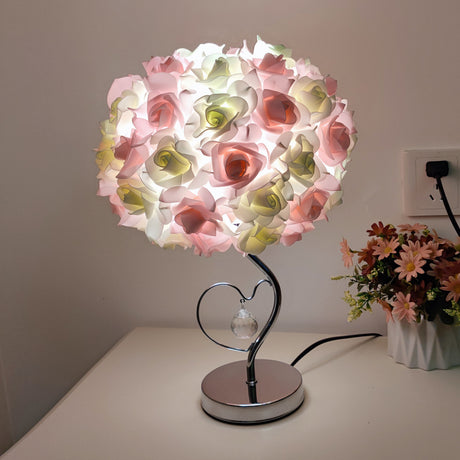 Pink Roses And Silver Base Romantic Red Rose Flower Table Lamp - Crystal Heart Accent Bedside Night Light