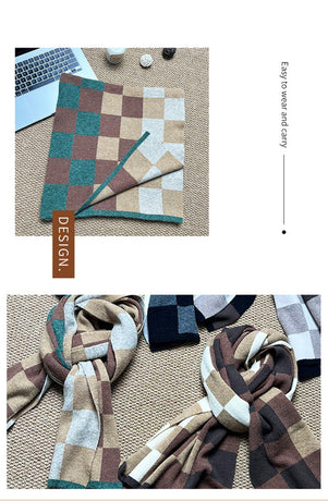 Coffee,Grey And Beige Unisex Retro Checkered Knit Scarf - Soft Thick Winter Shawl Wrap