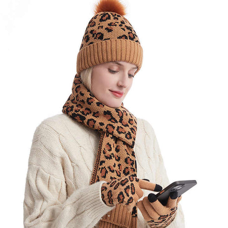 Purple Women's 3-Piece Winter Knit Set - Leopard Print Plush Lined Beanie Hat, Scarf & Touchscreen Gloves