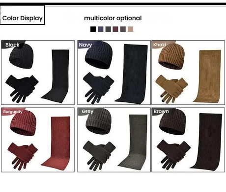 Black Men's 3-Piece Winter Warm Ribbed Knit Beanie Hat Scarf and Gloves Set