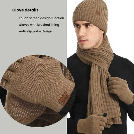 Khaki Men's 3-Piece Winter Warm Ribbed Knit Beanie Hat Scarf and Gloves Set