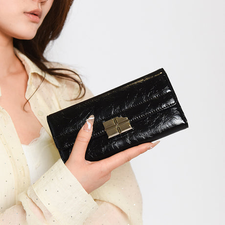 Black Elegant Women's RFID Blocking Long Wallet - PU Leather Clutch Purse with Clasp
