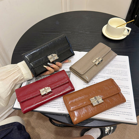 Red Elegant Women's RFID Blocking Long Wallet - PU Leather Clutch Purse with Clasp