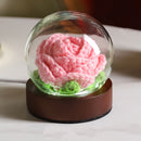 Pink Rose Handcrafted Crochet Flower LED Night Light - USB Rechargeable Glass Dome Lamp with Wood Base, 3 Color Modes