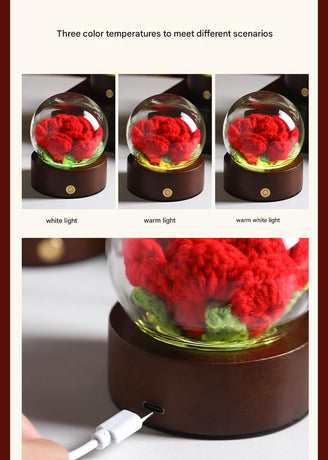 White Rose Handcrafted Crochet Flower LED Night Light - USB Rechargeable Glass Dome Lamp with Wood Base, 3 Color Modes