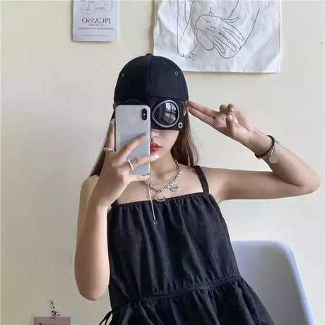 Black Stylish Aviator Goggle Baseball Cap - Unisex Outdoor Cotton Sun Hat