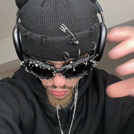 Red Edgy Punk Rock Spiked Sunglasses - Statement Goth Studded Eyewear
