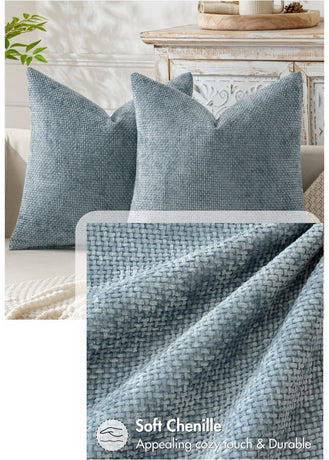 Beige Plush Chenille Cushion Covers Set of 2 - Soft Textured Decorative Throw Pillow Cases for Sofa Couch, 45x45cm