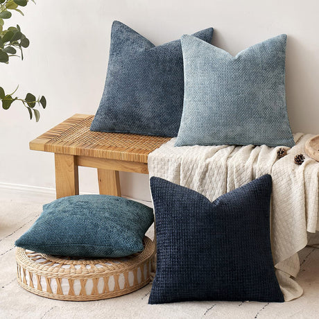Light Blue Plush Chenille Cushion Covers Set of 2 - Soft Textured Decorative Throw Pillow Cases for Sofa Couch, 45x45cm