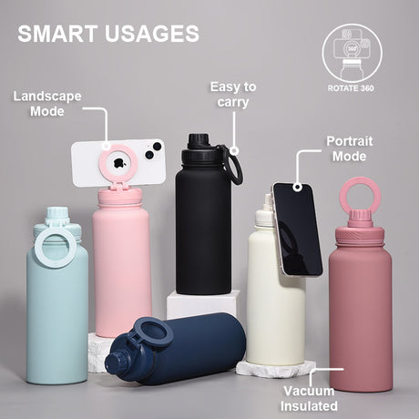 Matcha Green 1L Stainless Steel Water Bottle with Magnetic Phone Holder Lid - Portable Hydration & Hands-Free Stand