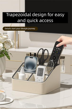 Black Stylish PU Leather Desktop Organizer Caddy - Multi-Compartment Holder for Remotes, Office Supplies, Makeup