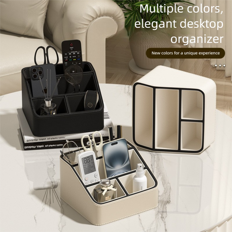 Pink and Black Stylish PU Leather Desktop Organizer Caddy - Multi-Compartment Holder for Remotes, Office Supplies, Makeup