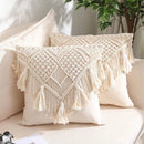 Beige Boho Chic Macrame Cushion Cover - Handmade Woven Cotton Linen Pillow Case with Tassels - Decorative Throw Pillow Sham 45x45cm (Cover Only)