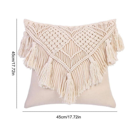 Grey Boho Chic Macrame Cushion Cover - Handmade Woven Cotton Linen Pillow Case with Tassels - Decorative Throw Pillow Sham 45x45cm (Cover Only)