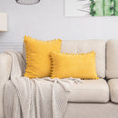 Yellow Soft Corduroy Cushion Cover Set (1 Square + 1 Rectangular) with Pom Pom Trim - Decorative Throw Pillow Cases for Sofa Couch