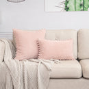 Pink Soft Corduroy Cushion Cover Set (1 Square + 1 Rectangular) with Pom Pom Trim - Decorative Throw Pillow Cases for Sofa Couch