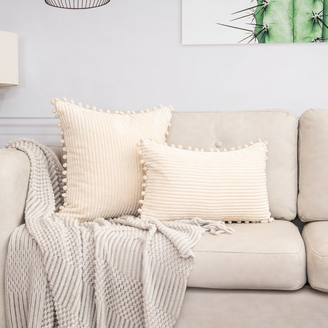 Beige Soft Corduroy Cushion Cover Set (1 Square + 1 Rectangular) with Pom Pom Trim - Decorative Throw Pillow Cases for Sofa Couch