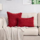 Red Soft Corduroy Cushion Cover Set (1 Square + 1 Rectangular) with Pom Pom Trim - Decorative Throw Pillow Cases for Sofa Couch