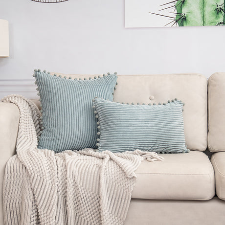 Blue Soft Corduroy Cushion Cover Set (1 Square + 1 Rectangular) with Pom Pom Trim - Decorative Throw Pillow Cases for Sofa Couch
