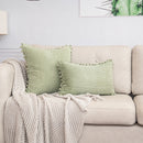 Light Green Soft Corduroy Cushion Cover Set (1 Square + 1 Rectangular) with Pom Pom Trim - Decorative Throw Pillow Cases for Sofa Couch