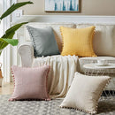 Navy Blue Soft Corduroy Cushion Cover Set (1 Square + 1 Rectangular) with Pom Pom Trim - Decorative Throw Pillow Cases for Sofa Couch