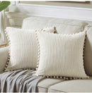 Black Soft Corduroy Cushion Covers with Pom Pom Trim - Set of 2 Decorative Throw Pillow Cases for Sofa Couch Bed, 45x45cm