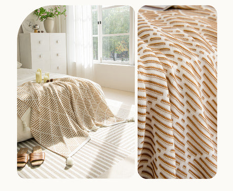 Brown and Beige Diamond Pattern Soft Cozy Knit Throw Blanket with Tassels - Geometric Pattern Lightweight Acrylic Blanket for Sofa Couch Bed, 130x150cm