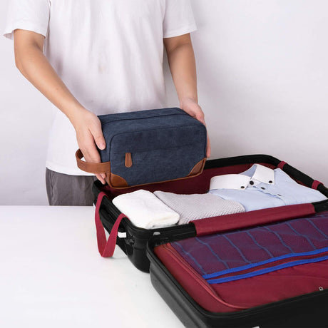 Dark Blue And Brown Men's Canvas Toiletry Bag - Large Capacity Water-Resistant Travel Organizer Dopp Kit with Handle