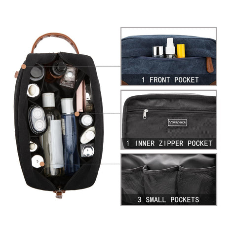 Dark Blue And Brown Men's Canvas Toiletry Bag - Large Capacity Water-Resistant Travel Organizer Dopp Kit with Handle