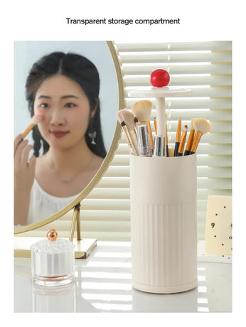 Beige Automatic Lifting Makeup Brush Holder - Dustproof Desktop Organizer with Lid & Compartments