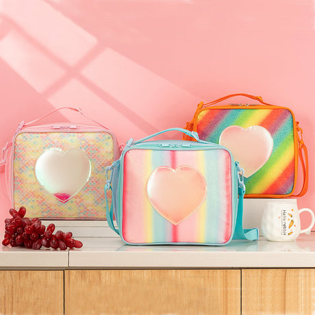Orange Sparkling Rainbow Heart Insulated Lunch Bag for Kids - Portable School Lunch Box with Shoulder Strap