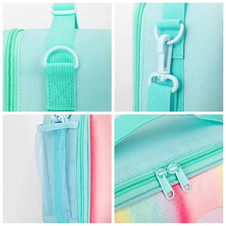 Orange Sparkling Rainbow Heart Insulated Lunch Bag for Kids - Portable School Lunch Box with Shoulder Strap