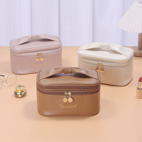 Brown Stylish PU Leather Makeup Bag - Large Capacity Double Layer Waterproof Travel Cosmetic Organizer Case for Women