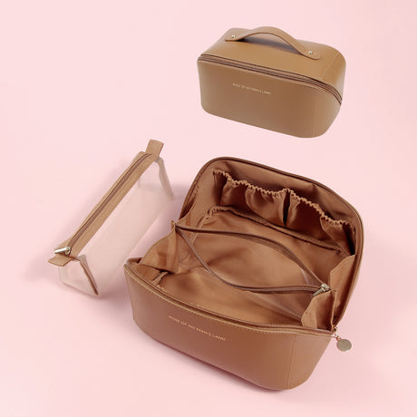 Brown Elegant PU Leather Makeup Bag & Toiletry Organizer with Detachable Mesh Pouch - Large Capacity Travel Cosmetic Case
