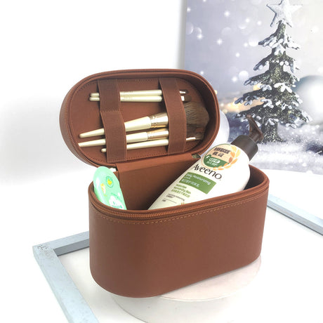 Brown Elegant PU Leather Makeup & Toiletry Bag - Large Capacity Travel Cosmetic Organizer with Brush Holder