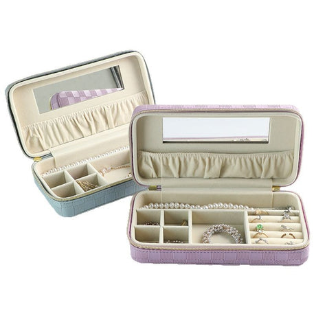 Purple Stylish PU Leather Travel Jewellery Box - Compact Organizer for Rings, Earrings, Necklaces with Mirror