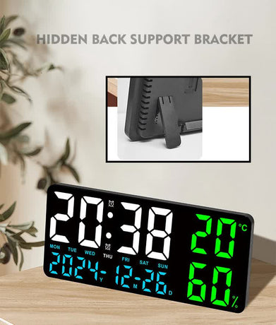 Black Background With White Light Sleek Large LED Digital Wall & Desk Clock - Remote Control, Temperature, Humidity, Dual Alarms, Calendar