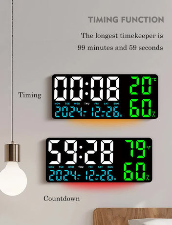 Black Background With White Light Sleek Large LED Digital Wall & Desk Clock - Remote Control, Temperature, Humidity, Dual Alarms, Calendar
