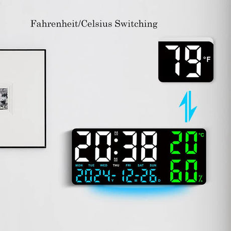 Black Background With White Light Sleek Large LED Digital Wall & Desk Clock - Remote Control, Temperature, Humidity, Dual Alarms, Calendar